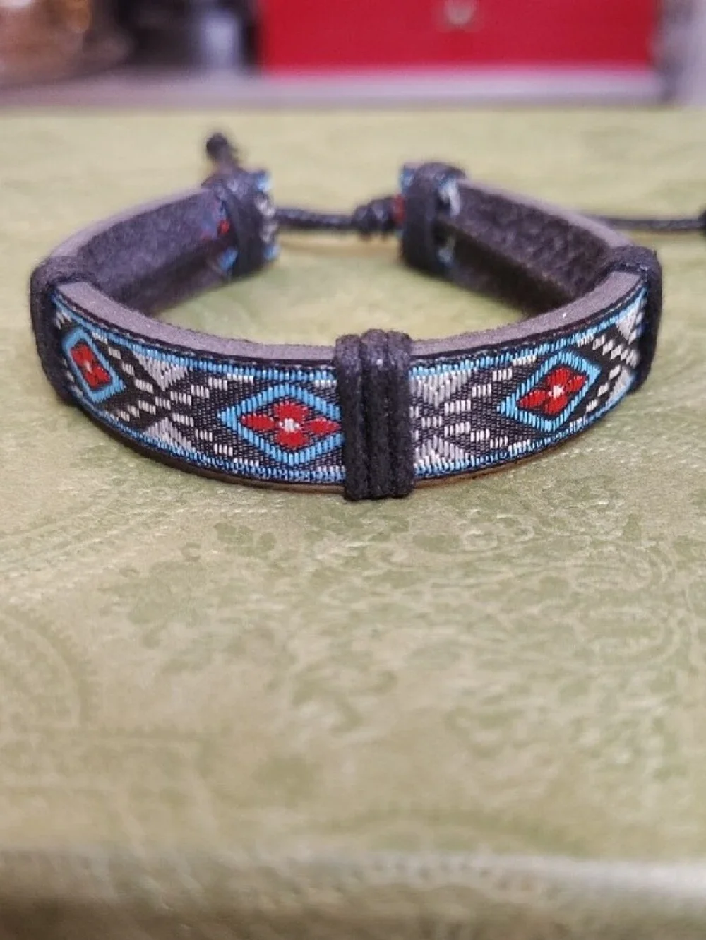 Braided PU Vegan Leather Bracelet with Blue and Red Woven Pattern